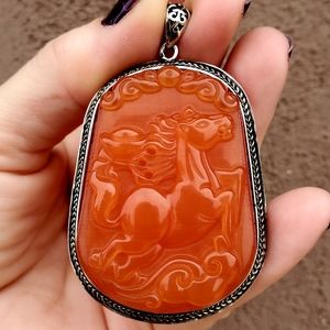 New Wrapped Silver Cat Eye Jasper Horse Pendant.
